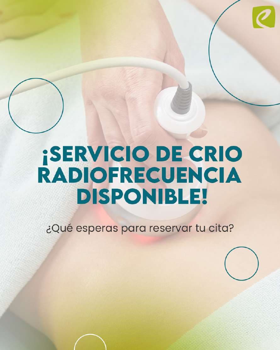 Anuncio del servicio de crio radiofrecuencia, con el rótulo sobre la foto de un tratamiento en camilla.