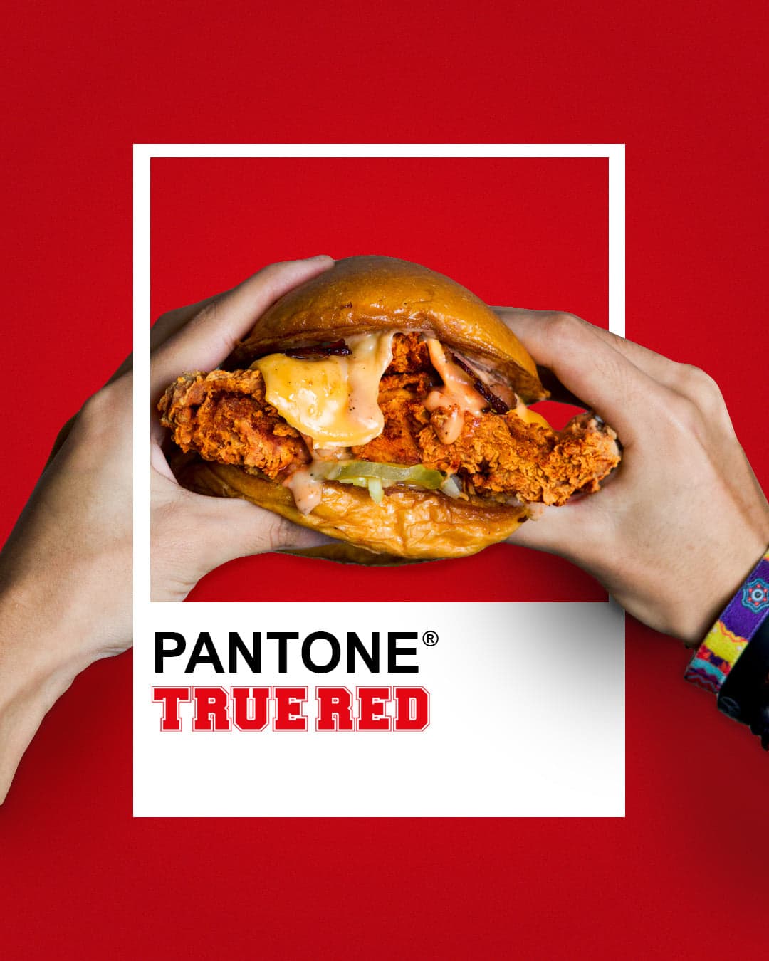 Unas manos sostienen una hamburguesa dentro de un marco tipo muestrario de color, sobre fondo rojo saturado, rotulado «Pantone True Red».
