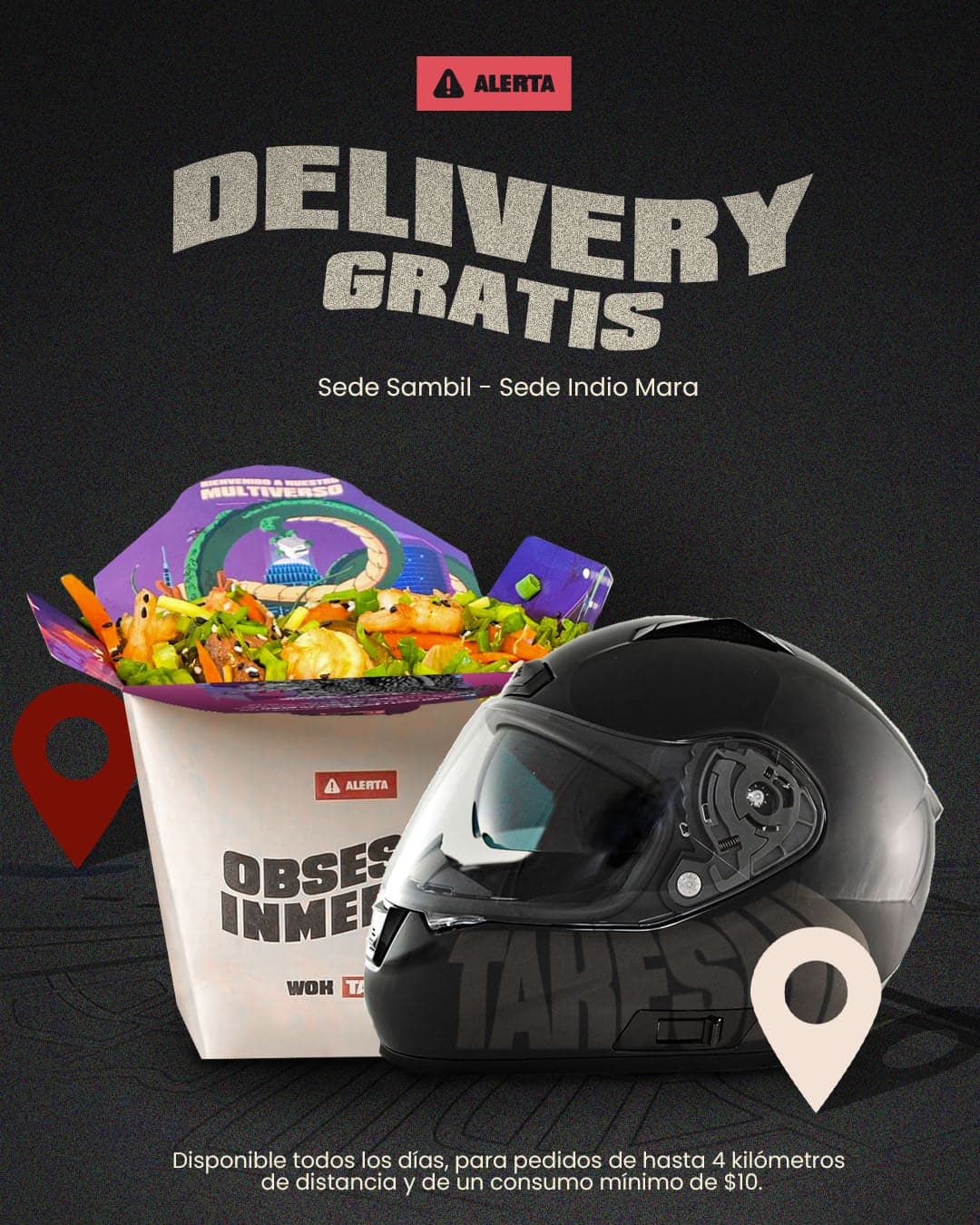 Anuncio de delivery gratis: un casco de moto y una caja de comida asiática sobre fondo oscuro, con el rótulo en tipografía de grano.
