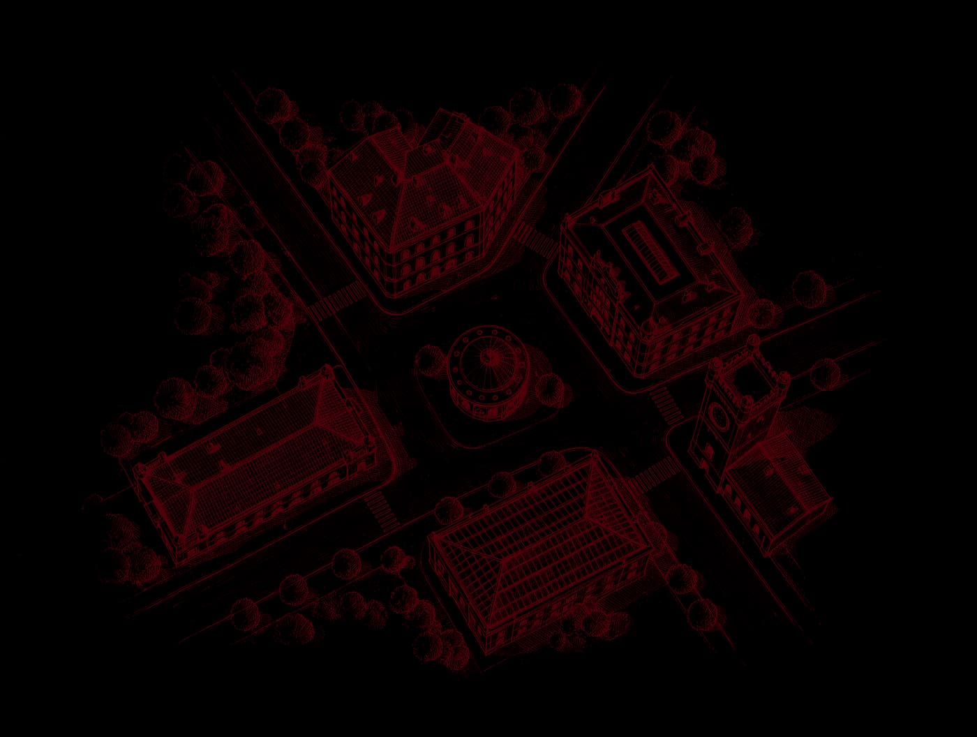 Plano a tinta de un barrio con una plaza, seis edificios (una imprenta, una oficina, un kiosco, una torre con reloj, un edificio de cristal y una estación) y una parcela libre.