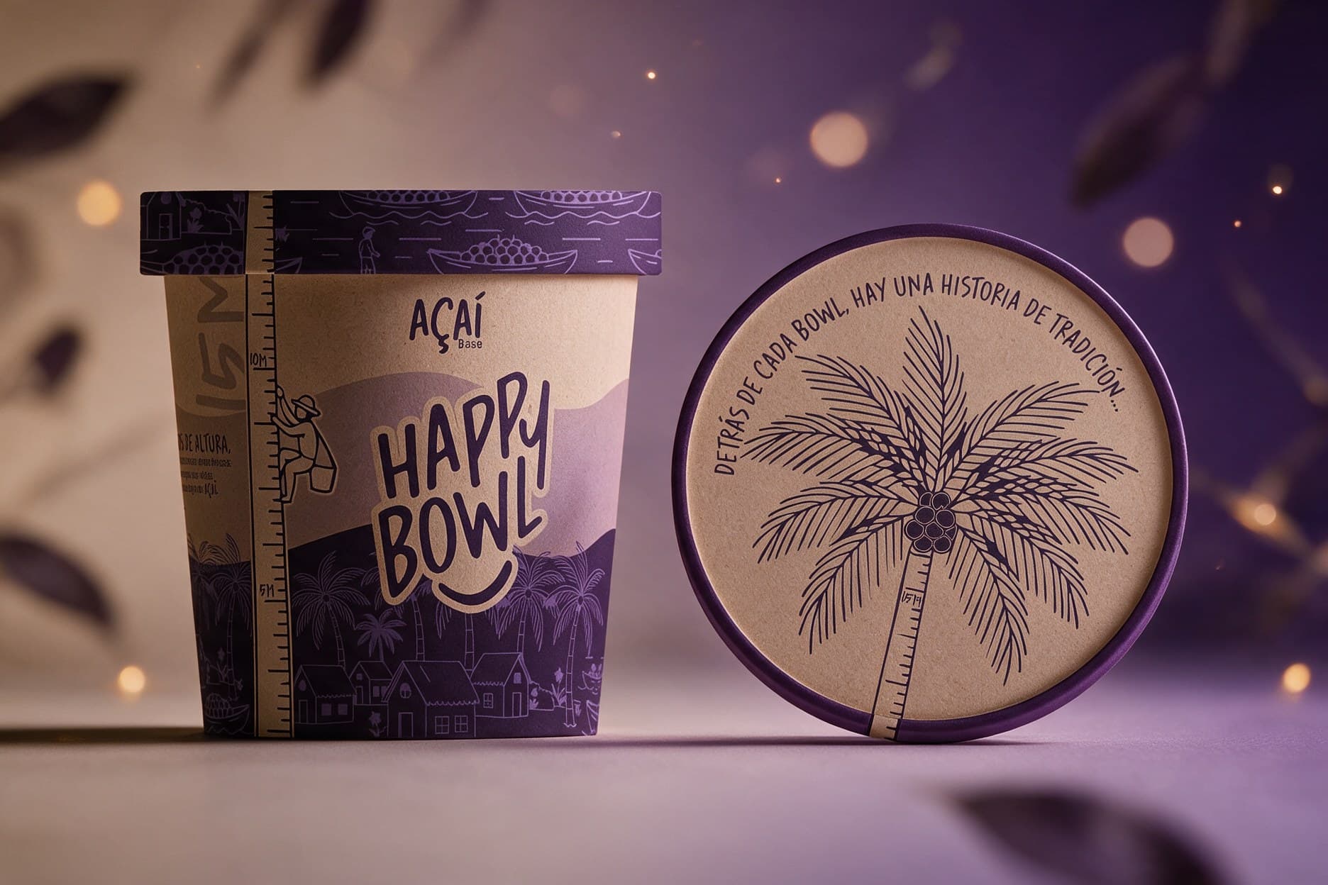 Vaso y tapa de açaí de Happy Bowl en kraft y morado, con ilustración amazónica y la frase «Detrás de cada bowl hay una historia de tradición».