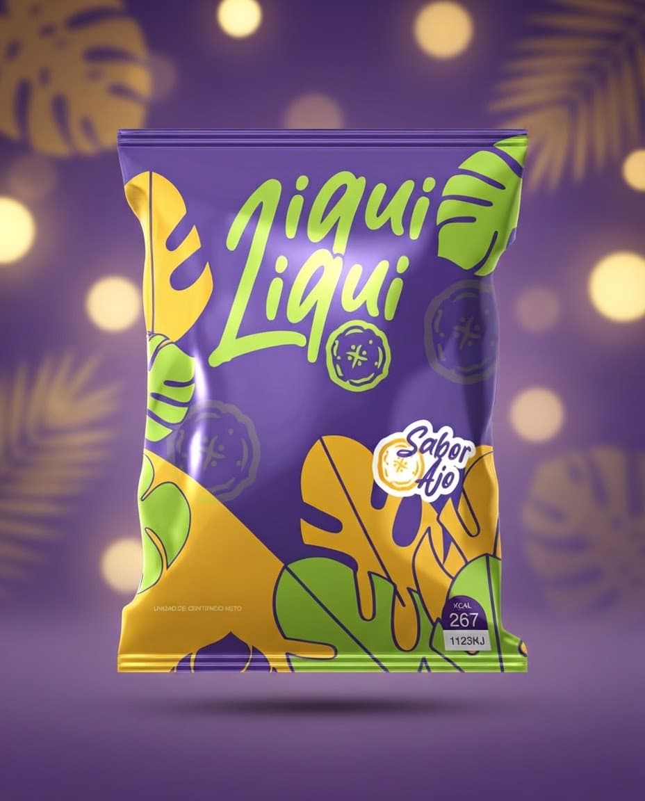 Bolsa de snack Liqui Liqui en morado y amarillo, con el logotipo verde manuscrito, hojas tropicales y el distintivo «Sabor Ajo».