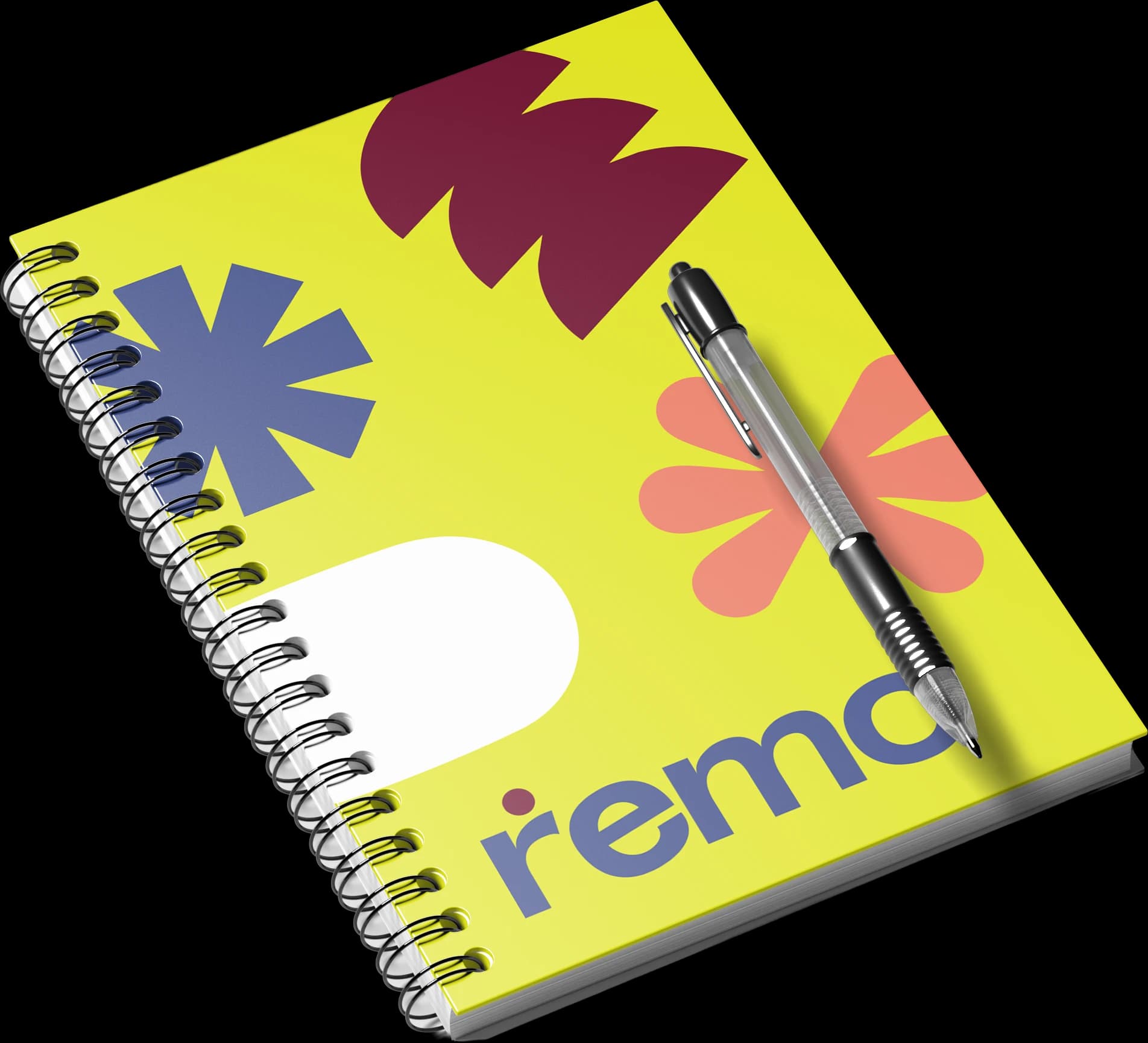 Libreta de espiral con la identidad de Remo aplicada: fondo lima, asterisco azul, pétalos coral, una forma burdeos y el wordmark «remo» abajo.