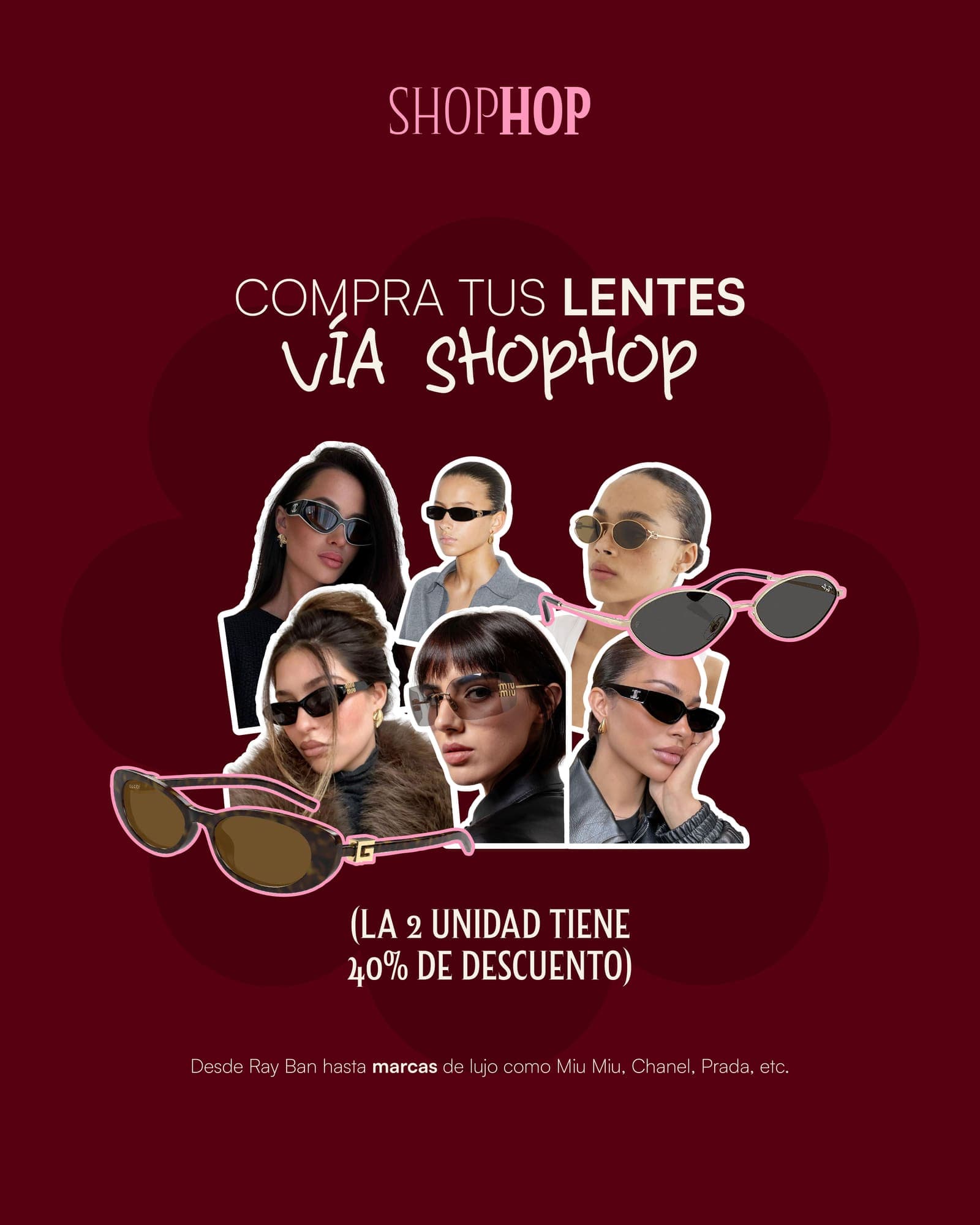 Pieza de redes del catálogo de lentes: collage de retratos y monturas recortadas sobre fondo burdeos.