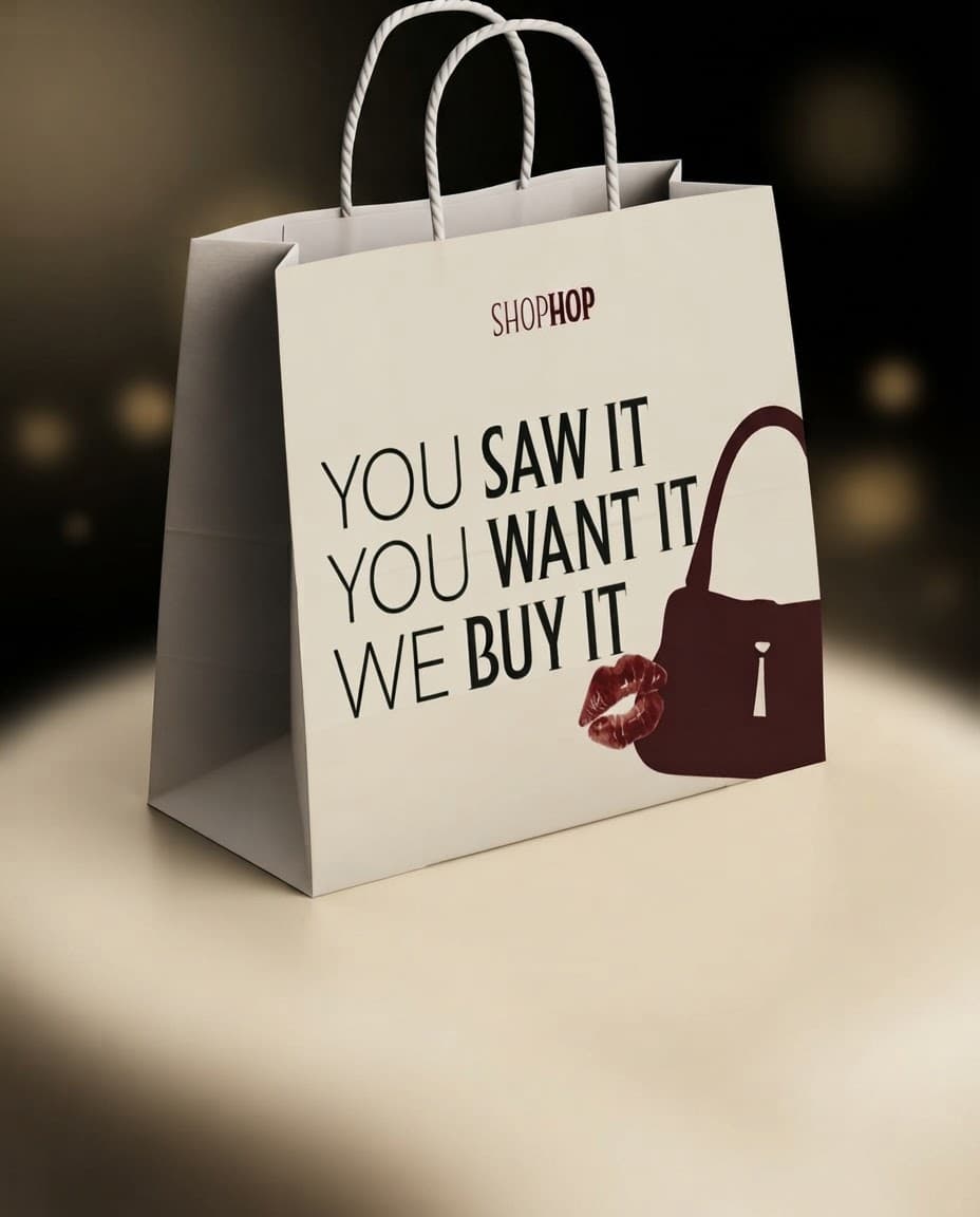 Bolsa de envío de Shophop sobre un pedestal, con el wordmark y el lema «You saw it, you want it, we buy it» junto a un bolso ilustrado.